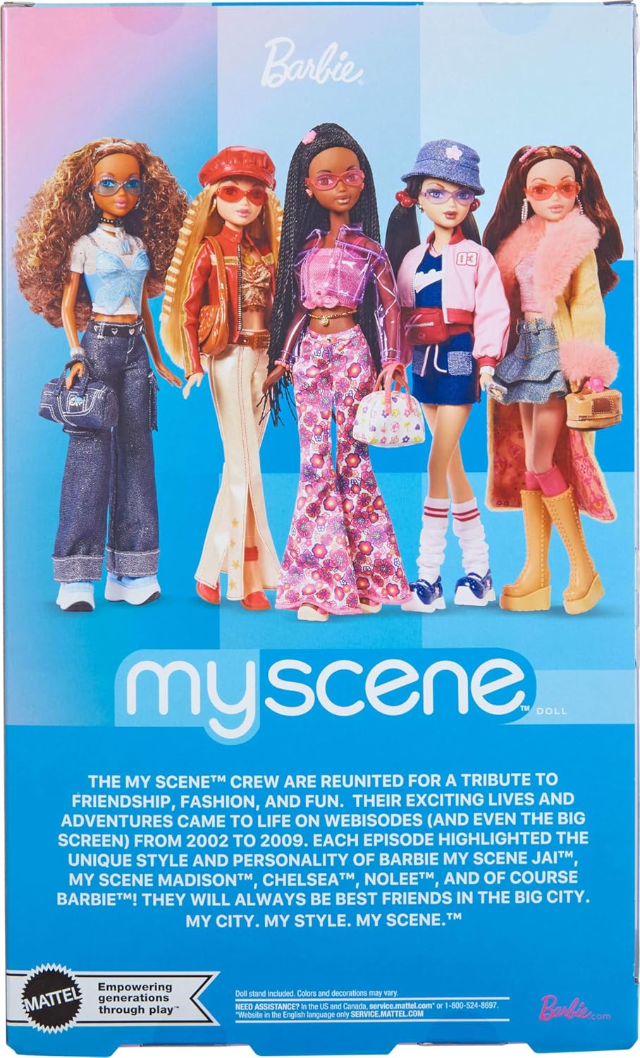 Barbie Signature My Scene Jai Doll with Black Braids, Y2K Outfit, Pink Top, Vinyl Jacket, Floral Flare Pants, and Doll Stand