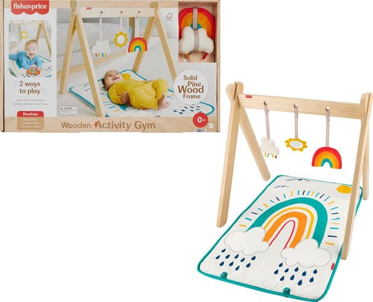 Fisher-Price Wooden Baby Playmat Activity Gym with Three Sensory Developmental Activities for Newborns 0+ Months