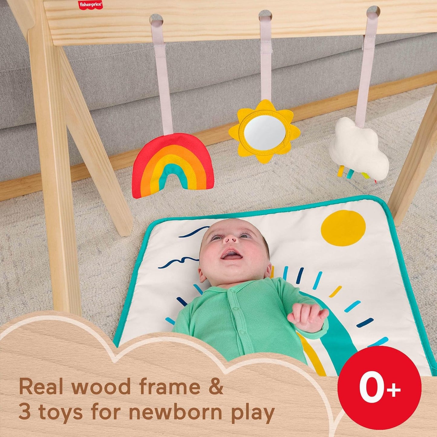 Fisher-Price Wooden Baby Playmat Activity Gym with Three Sensory Developmental Activities for Newborns 0+ Months