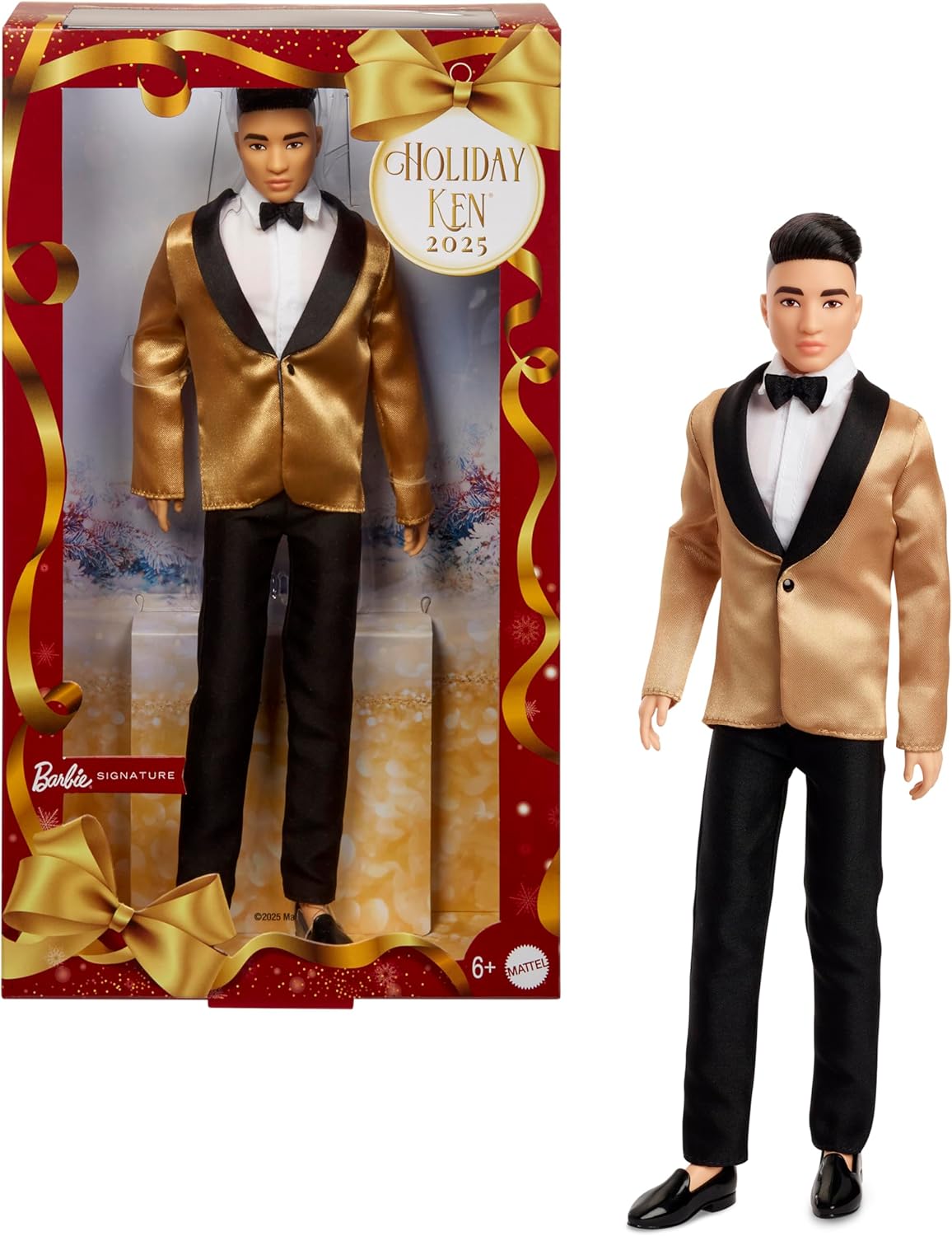 Barbie Signature 2025 Holiday Ken Collectible Fashion Doll with Black Hair, Golden Jacket, Full Suit, Displayable Packaging, and Doll Stand