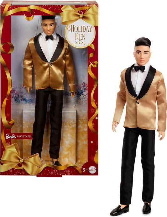 Barbie Signature 2025 Holiday Ken Collectible Fashion Doll with Black Hair, Golden Jacket, Full Suit, Displayable Packaging, and Doll Stand