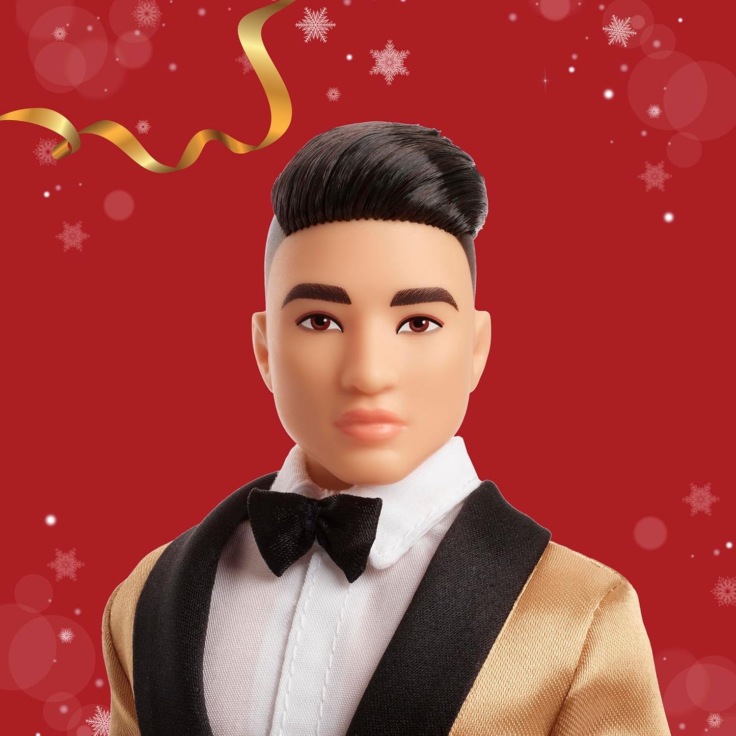 Barbie Signature 2025 Holiday Ken Collectible Fashion Doll with Black Hair, Golden Jacket, Full Suit, Displayable Packaging, and Doll Stand