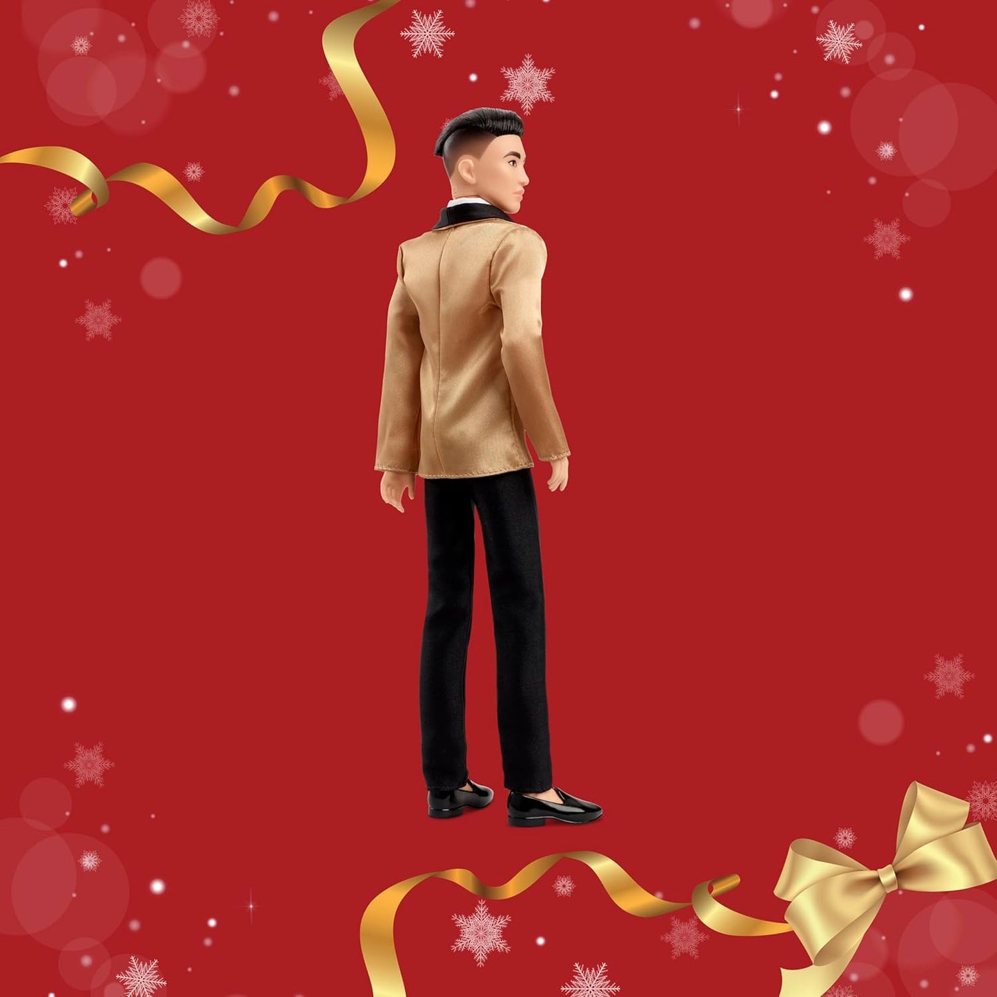 Barbie Signature 2025 Holiday Ken Collectible Fashion Doll with Black Hair, Golden Jacket, Full Suit, Displayable Packaging, and Doll Stand