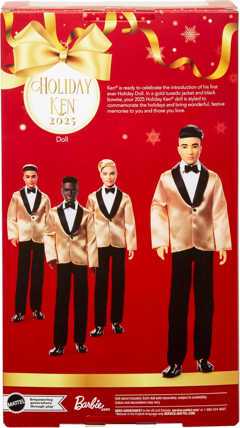 Barbie Signature 2025 Holiday Ken Collectible Fashion Doll with Black Hair, Golden Jacket, Full Suit, Displayable Packaging, and Doll Stand