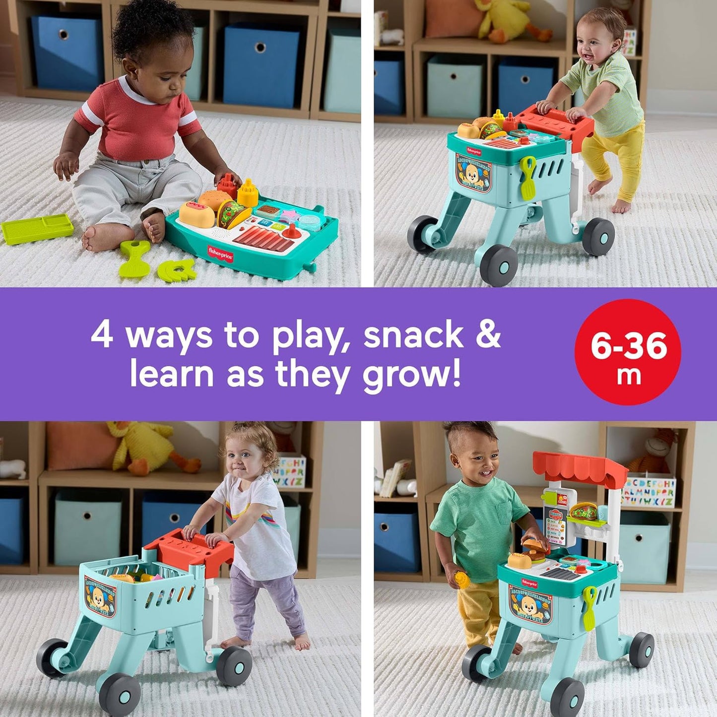 Fisher-Price 4-in-1 Snack Cart Walker Learning Push Toy
