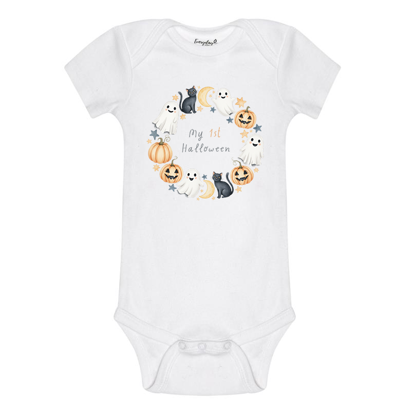 Everyday Kids “My 1st Halloween” Short Sleeve Baby Onesie – Cute Ghost and Pumpkin Print – Soft Cotton Bodysuit for Newborns and Infants