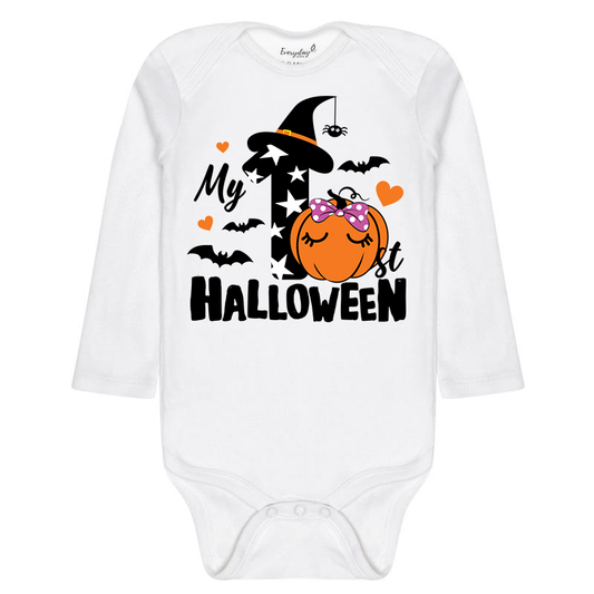 Everyday Kids “My 1st Halloween” Long Sleeve Baby Onesie – Cute Pumpkin and Witch Hat Design – Soft Cotton Bodysuit for Newborns and Infants