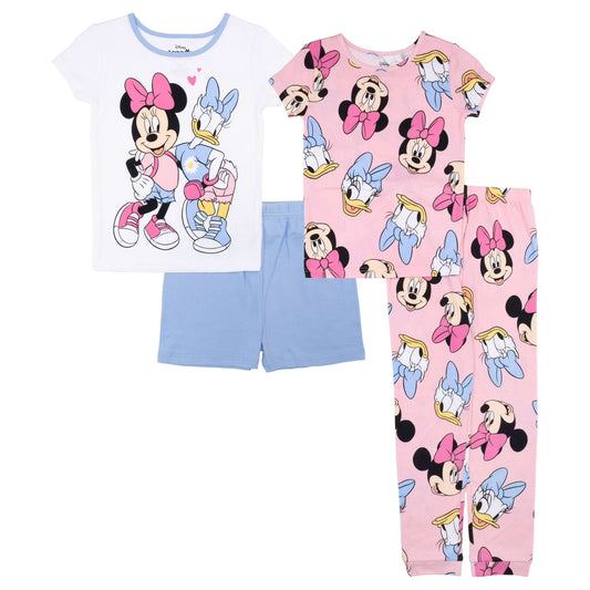 Disney Minnie Mouse Girls Short Sleeve 4 Piece Pajama Set with Top and Pants – Soft Character Sleepwear for Kids