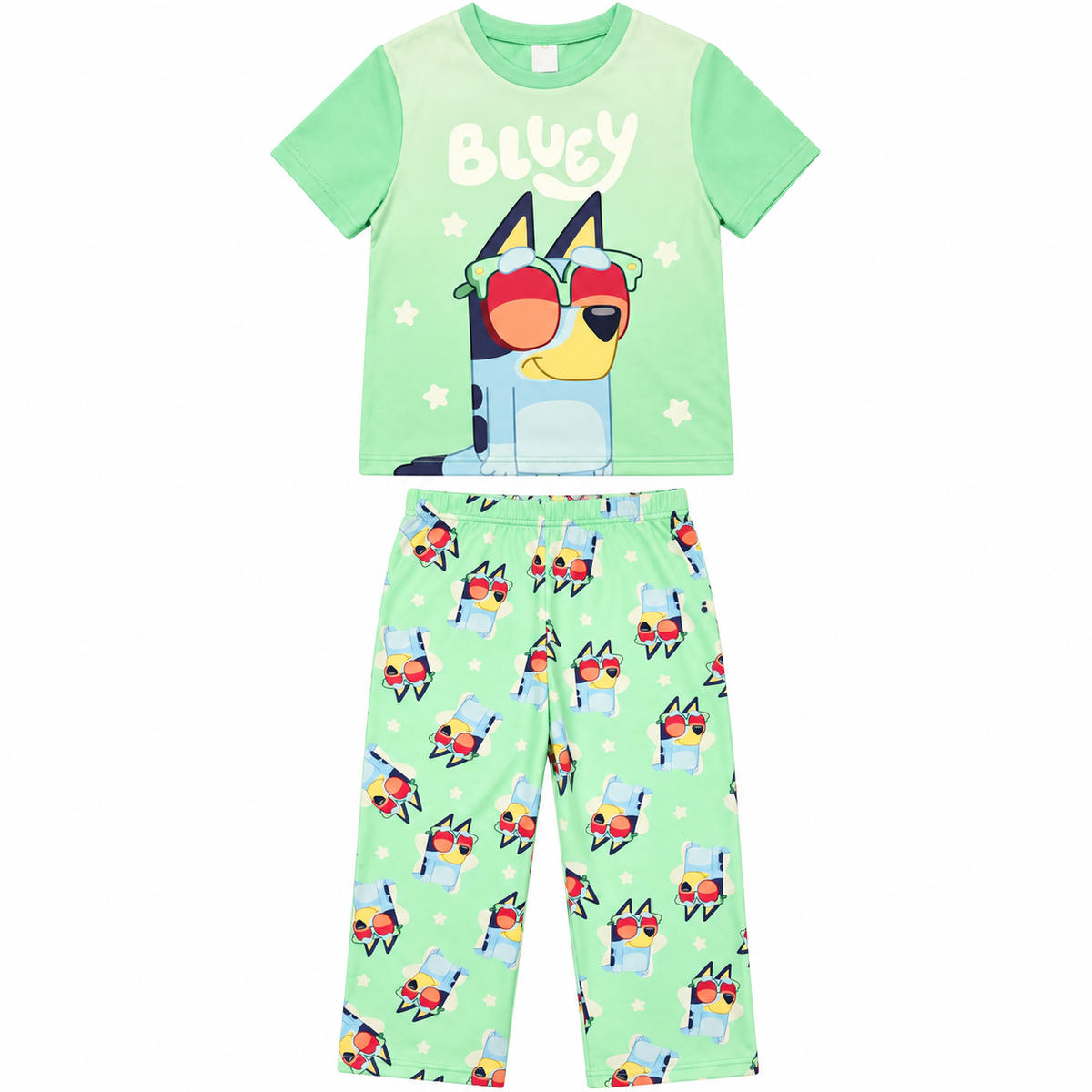 Bluey Kids Pajama Set Short Sleeve Top and Pants Green Sunglasses Graphic Unisex Sleepwear Sizes 2T and 4-10