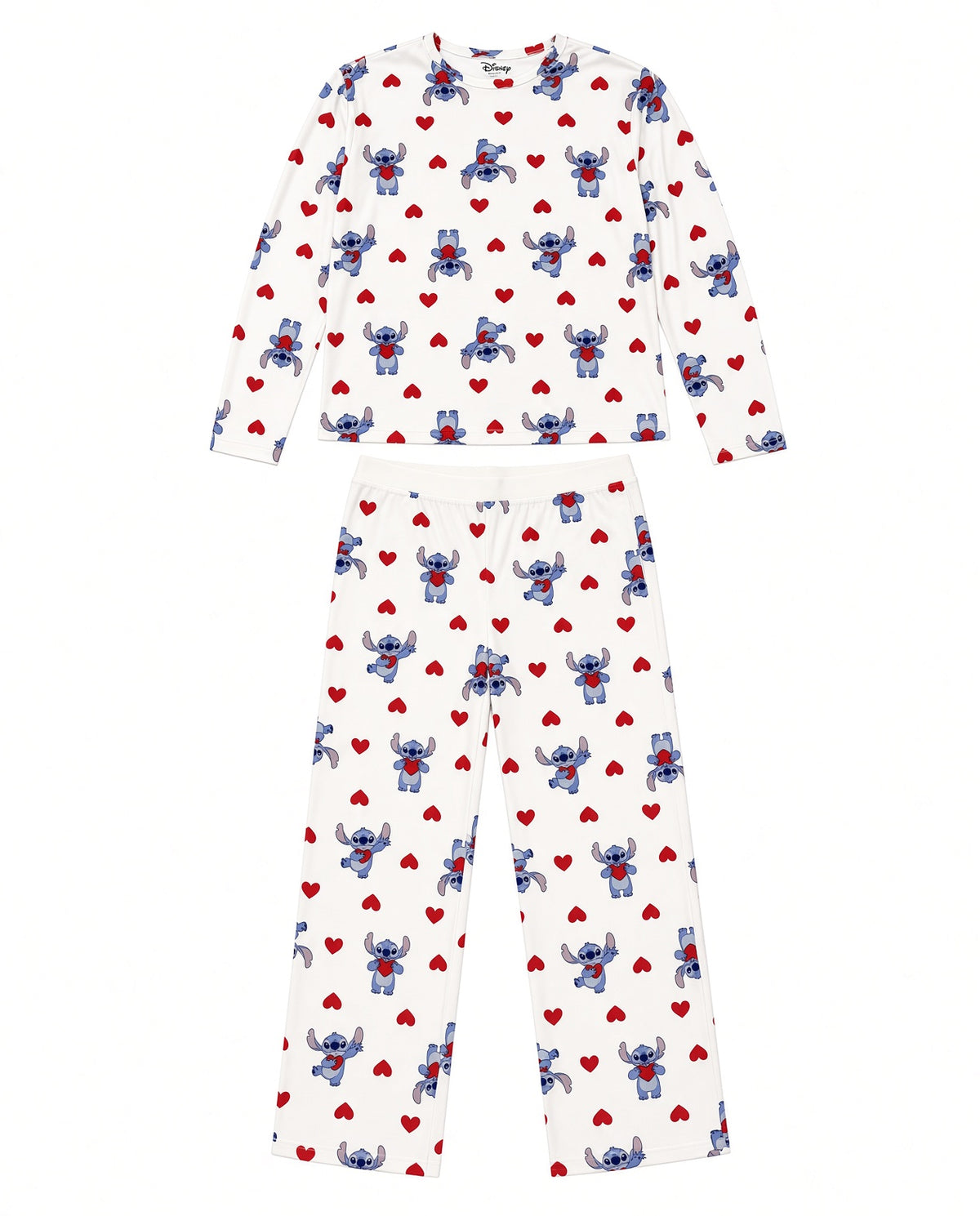 Disney Stitch Women's Pajama Set Long Sleeve Top and Pants with Red Hearts Print on Cream, Sizes S-XL
