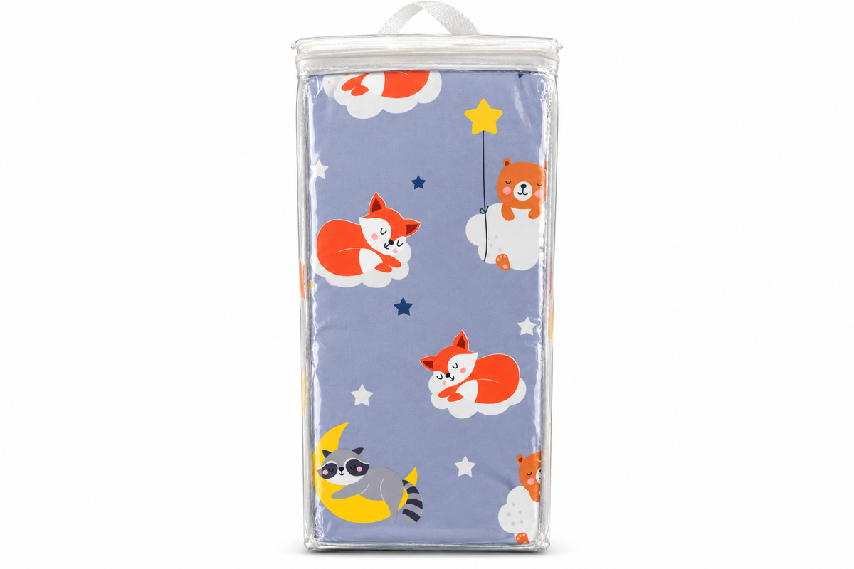 Everyday Kids 3 Piece Crib Set with Quilt, Dust Ruffle and Sheet, Raccoon Moon and Stars Nursery Bedding, Blue and Gray