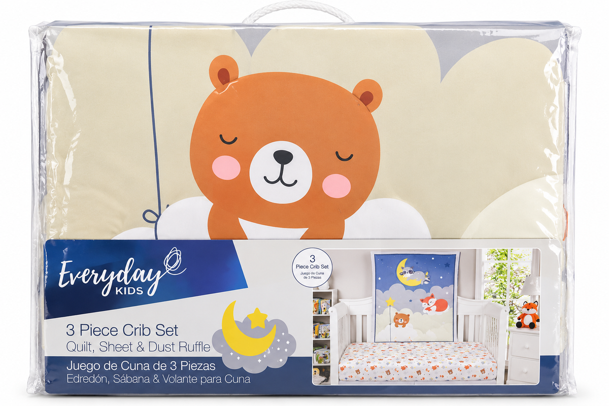 Everyday Kids 3 Piece Crib Set with Quilt, Dust Ruffle and Sheet, Raccoon Moon and Stars Nursery Bedding, Blue and Gray