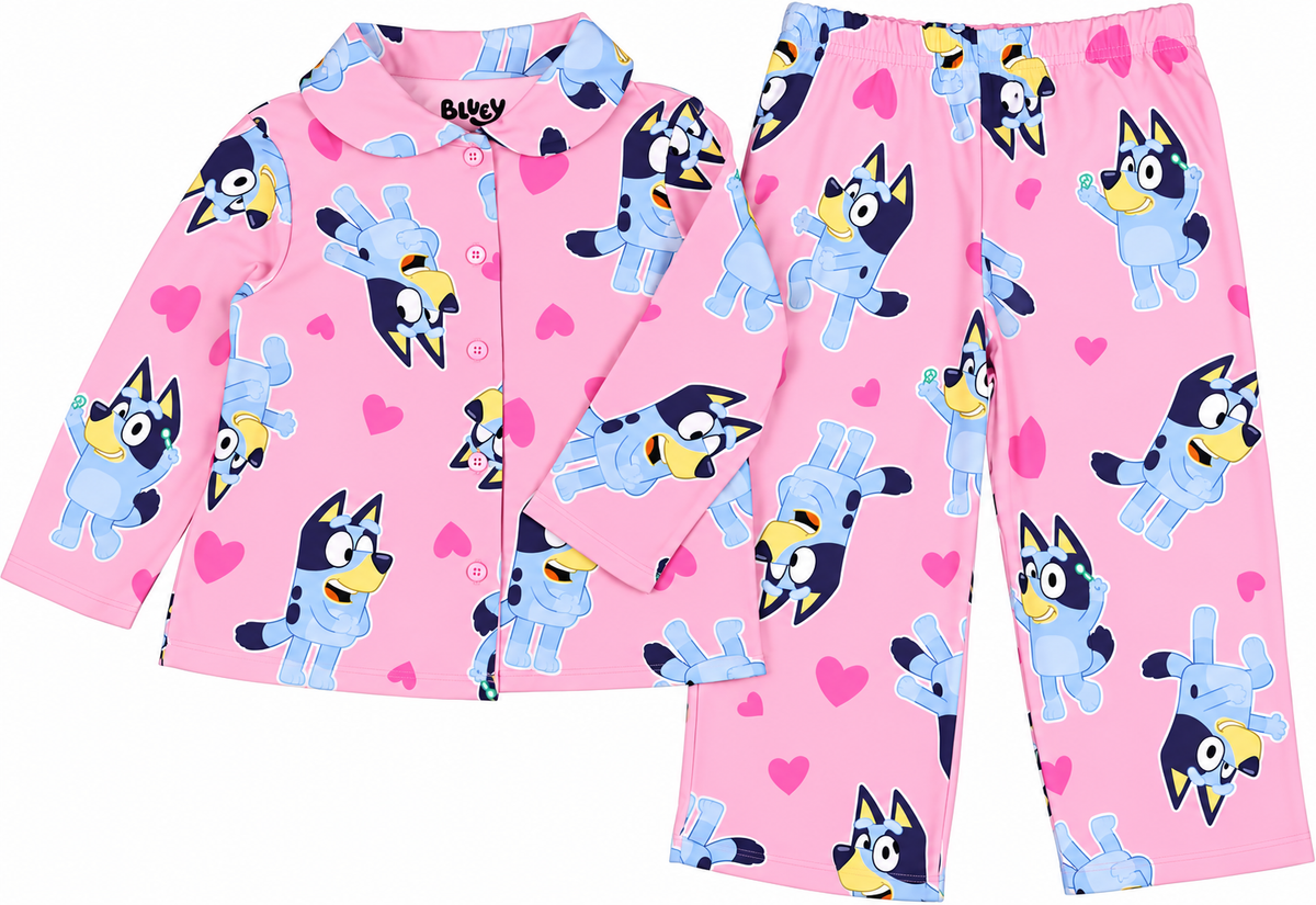 Bluey Girls Toddler Pajama Set Pink Button-Up Top and Pants Hearts Print Long Sleeve Coat Style Sleepwear Size 2T-4T