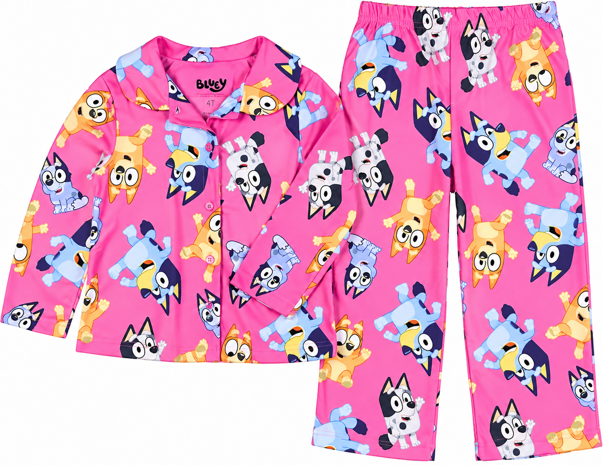 Bluey Toddler Girls Pink Two-Piece Button-Front Pajama Set with Long Sleeves and Elastic Waist Pants, Character Print, Sizes 2T-4T