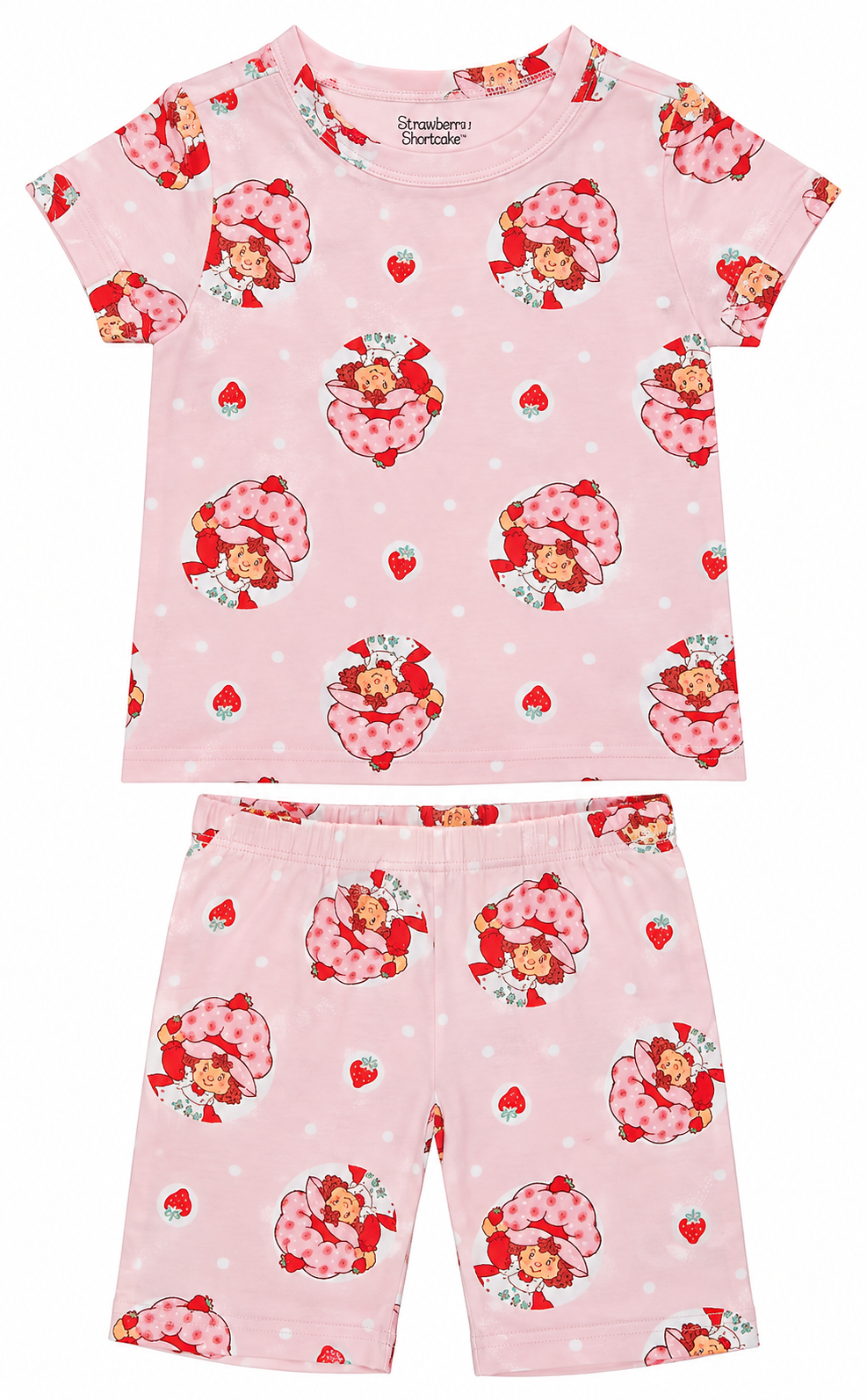 Strawberry Shortcake Kids Short Sleeve Pajama Set, Pink Strawberry Print Top and Shorts, Soft Girls Sleepwear, Sizes 4-8