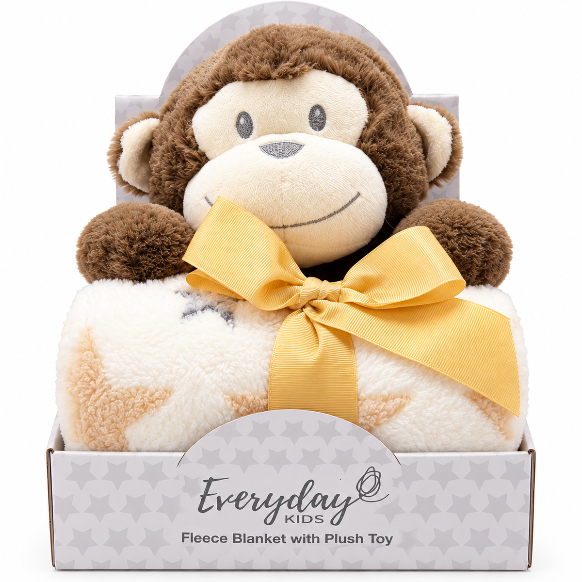 Everyday Kids Fleece Baby Blanket with Plush Monkey Toy, Soft Star Print Sherpa-Style Throw, 36 x 30 Inches, Gift Set for Babies and Toddlers