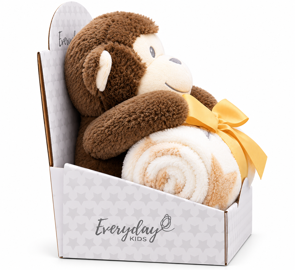 Everyday Kids Fleece Baby Blanket with Plush Monkey Toy, Soft Star Print Sherpa-Style Throw, 36 x 30 Inches, Gift Set for Babies and Toddlers