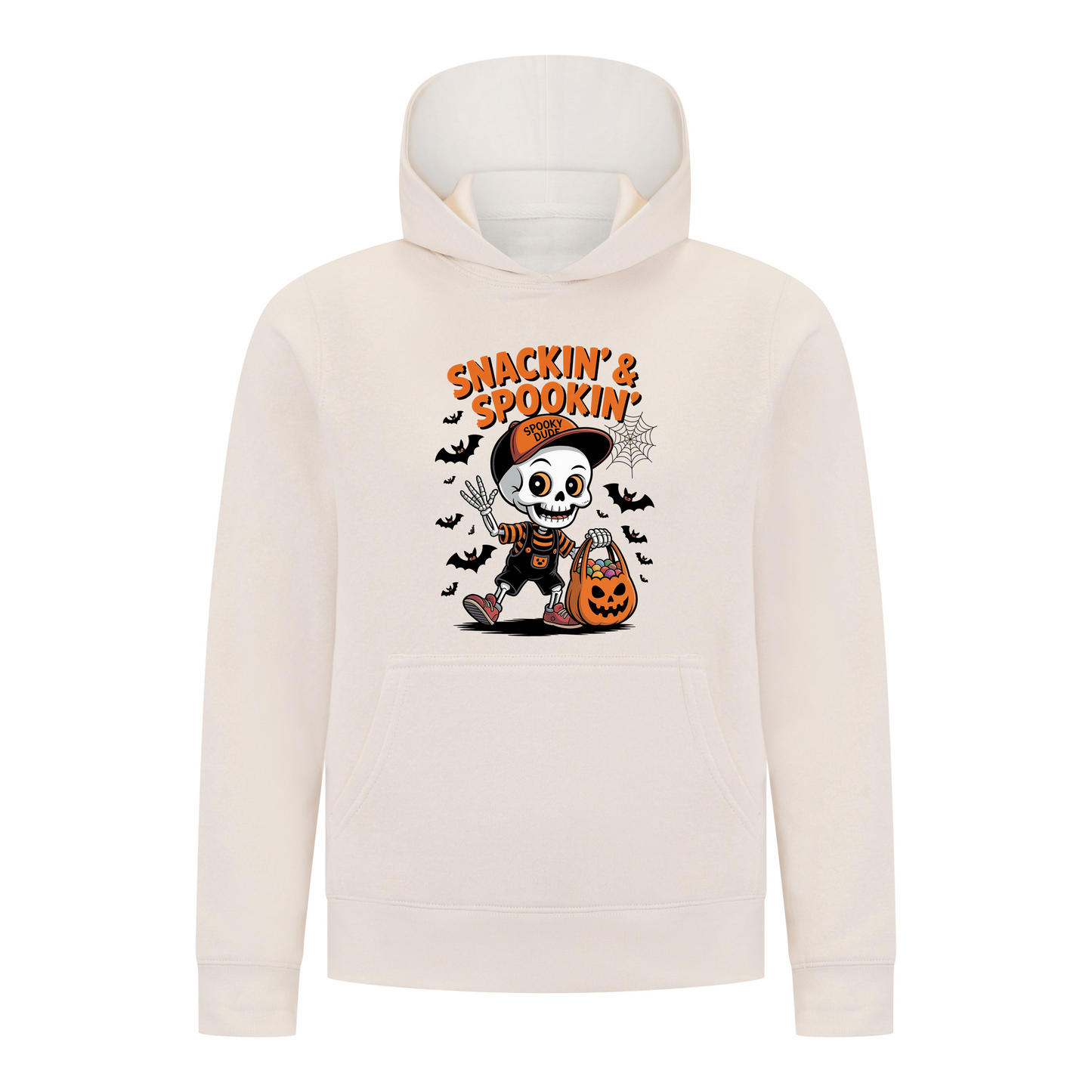 Everyday Kids “Snackin’ & Spookin’” Pullover Halloween Hoodie – Skeleton Trick-or-Treater with Candy Bag – Cozy Fall Sweatshirt for Boys, Off-White