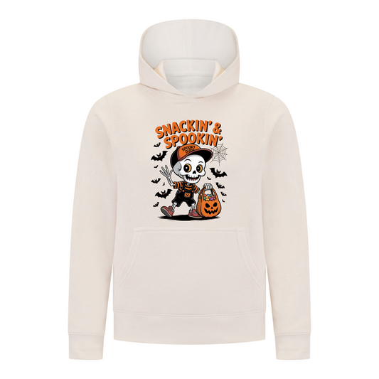 Everyday Kids “Snackin’ & Spookin’” Pullover Halloween Hoodie – Skeleton Trick-or-Treater with Candy Bag – Cozy Fall Sweatshirt for Boys, Off-White