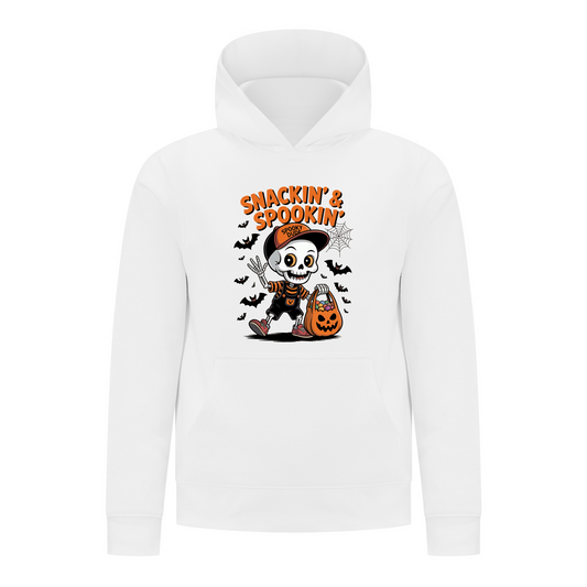 Everyday Kids “Snackin’ & Spookin’” Pullover Halloween Hoodie – Skeleton Trick-or-Treater with Candy Bag – Cozy Fall Sweatshirt for Boys, White