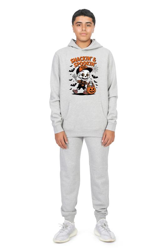 Everyday Kids “Snackin’ & Spookin’” Pullover Halloween Hoodie – Skeleton Trick-or-Treater with Candy Bag – Cozy Fall Sweatshirt for Boys, Heather Gray