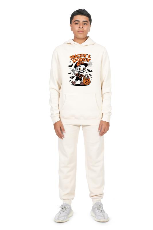 Everyday Kids “Snackin’ & Spookin’” Pullover Halloween Hoodie – Skeleton Trick-or-Treater with Candy Bag – Cozy Fall Sweatshirt for Boys, Off-White