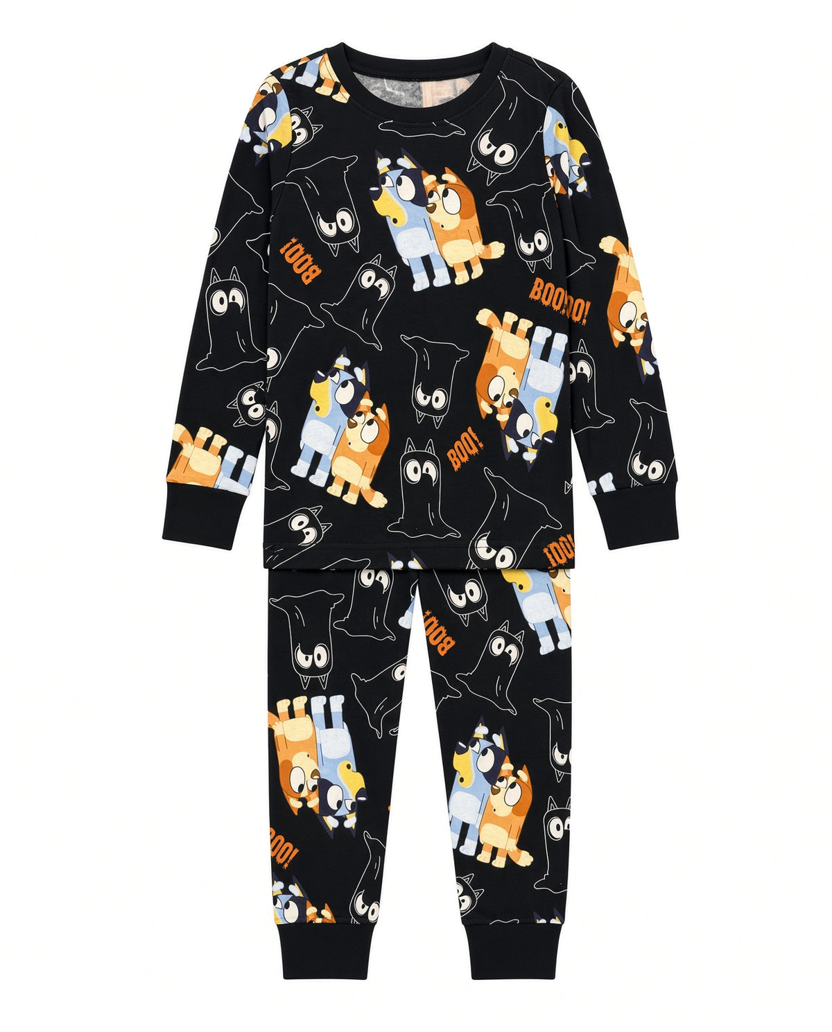Bluey Ghost Print Long Sleeve Pajama Set Toddler Boo Graphic Black Top and Jogger Pants Sleepwear Sizes 2T-3T