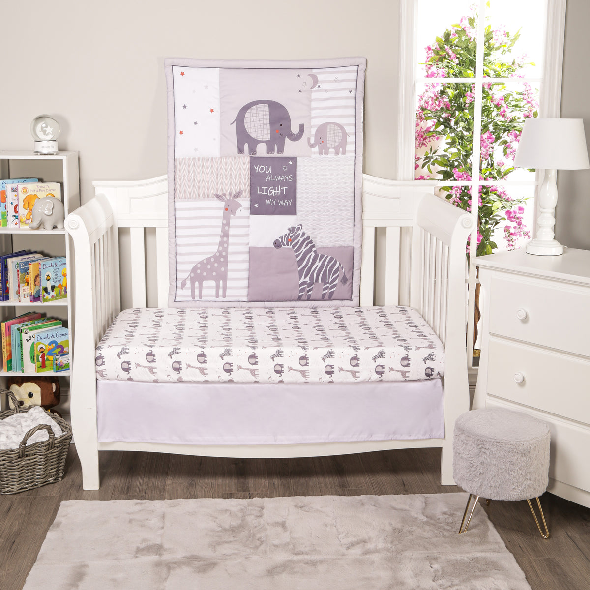 Everyday Kids 3 Piece Crib Set with Quilt, Dust Ruffle and Fitted Crib Sheet, Gray and White Elephant Giraffe Zebra Nursery Bedding