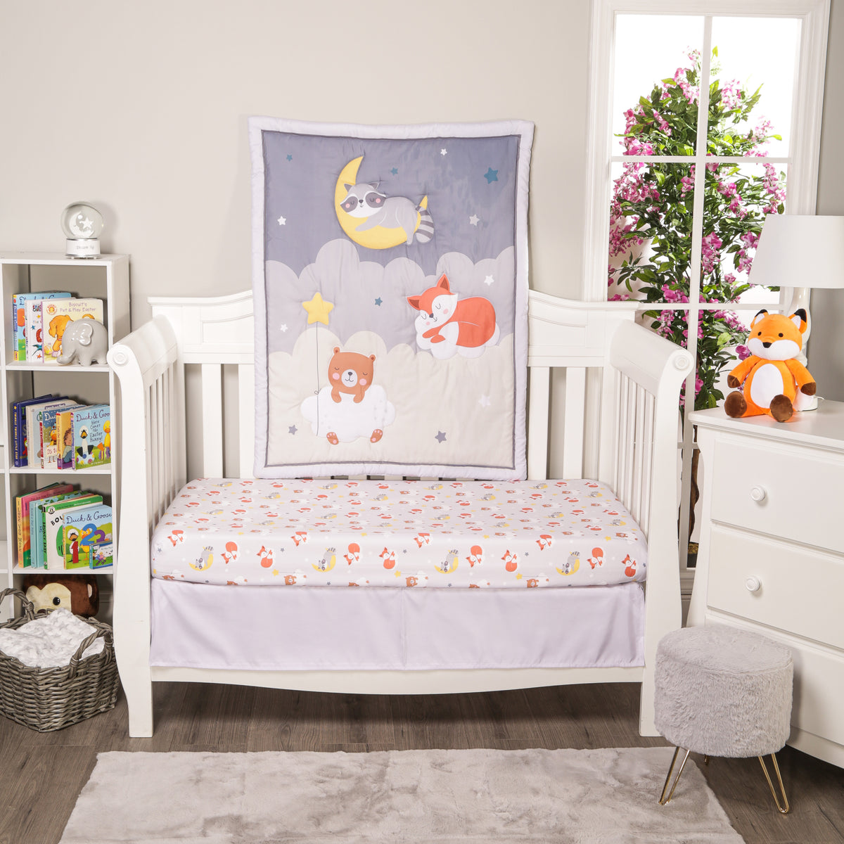 Everyday Kids 3 Piece Crib Set with Quilt, Dust Ruffle and Sheet, Raccoon Moon and Stars Nursery Bedding, Blue and Gray