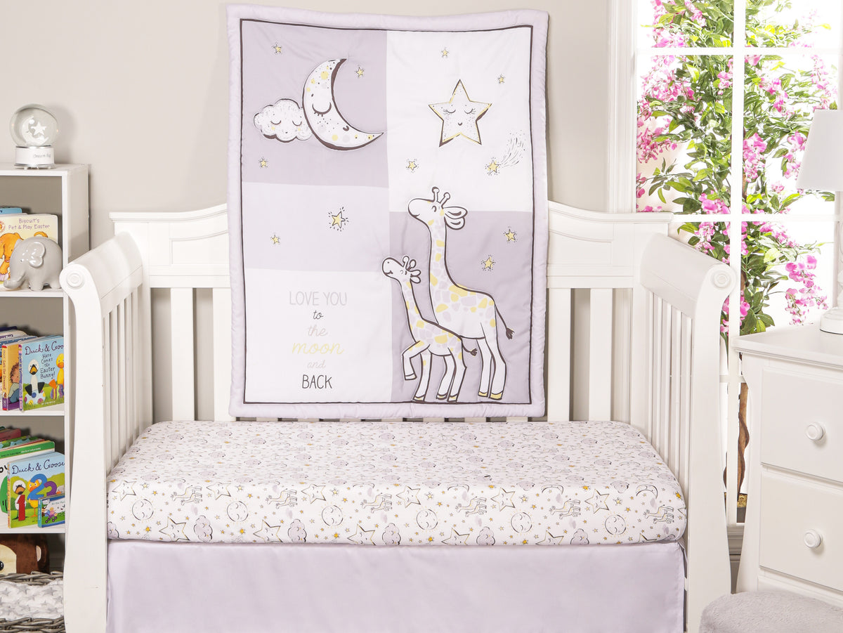 Everyday Kids 3 Piece Crib Set, Gray and Yellow Stars and Moon Nursery Bedding with Quilt, Dust Ruffle and Fitted Sheet