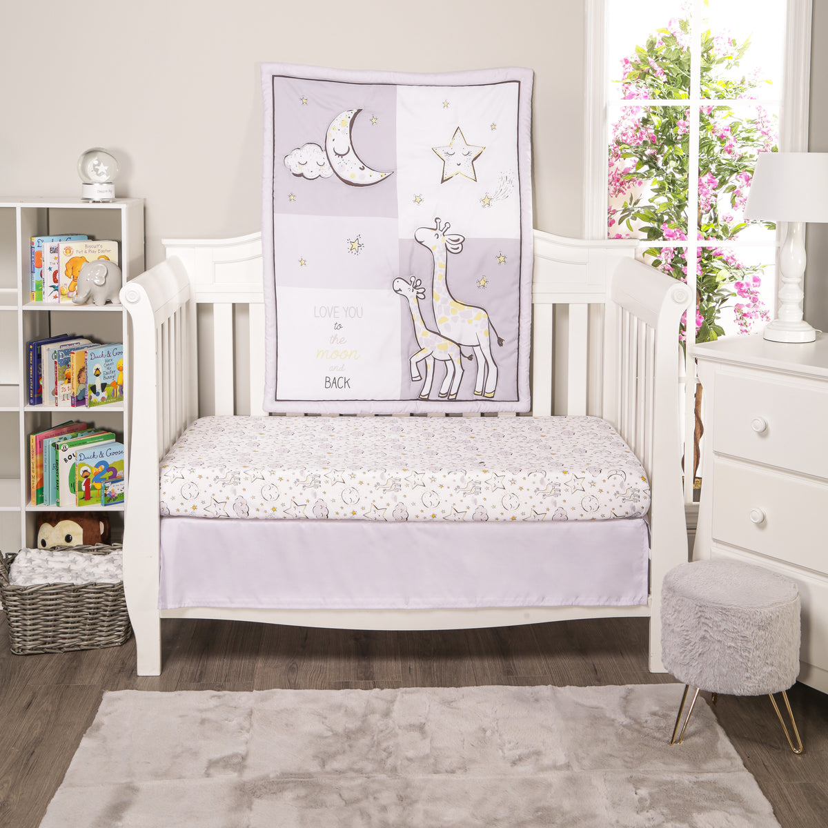 Everyday Kids 3 Piece Crib Set, Gray and Yellow Stars and Moon Nursery Bedding with Quilt, Dust Ruffle and Fitted Sheet