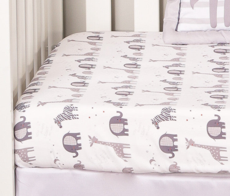 Everyday Kids 3 Piece Crib Set with Quilt, Dust Ruffle and Fitted Crib Sheet, Gray and White Elephant Giraffe Zebra Nursery Bedding