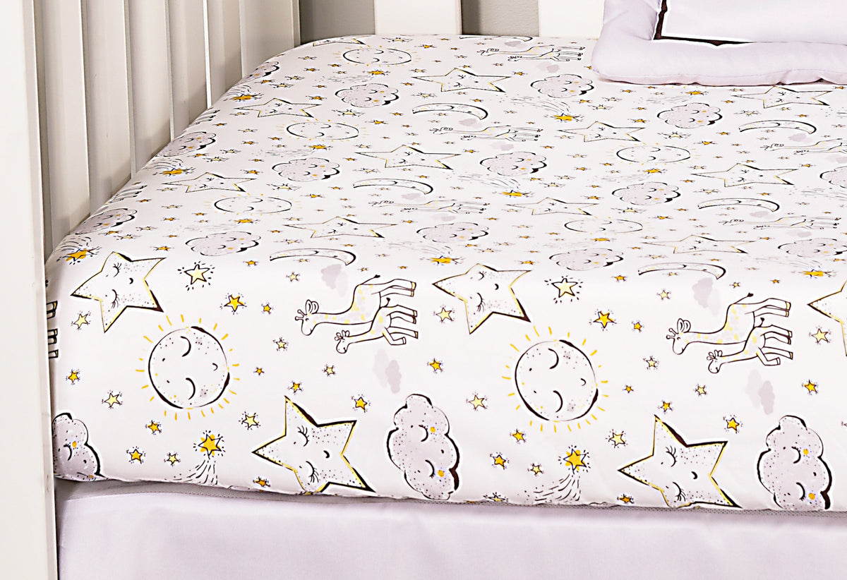Everyday Kids 3 Piece Crib Set, Gray and Yellow Stars and Moon Nursery Bedding with Quilt, Dust Ruffle and Fitted Sheet