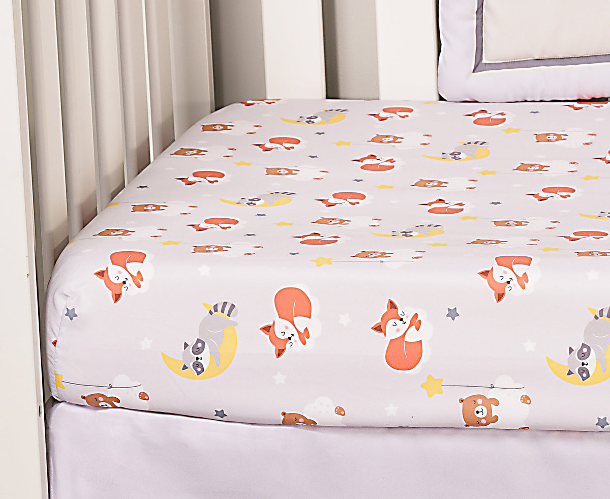 Everyday Kids 3 Piece Crib Set with Quilt, Dust Ruffle and Sheet, Raccoon Moon and Stars Nursery Bedding, Blue and Gray