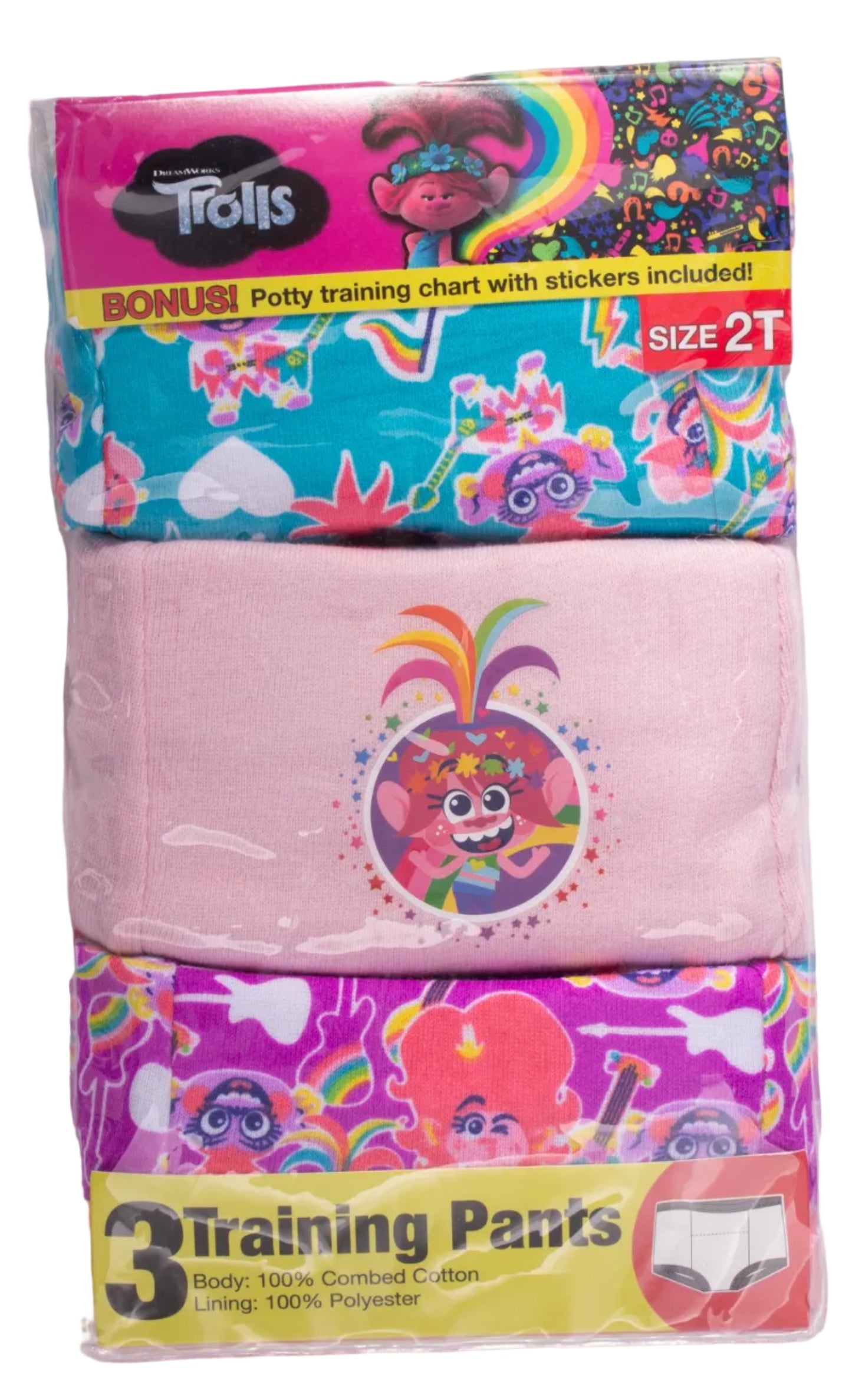 DreamWorks Trolls Toddler Girls 3-Pack Potty Training Pants, Queen Poppy Viva and Barb Underwear Set with Bonus Chart, Multicolor