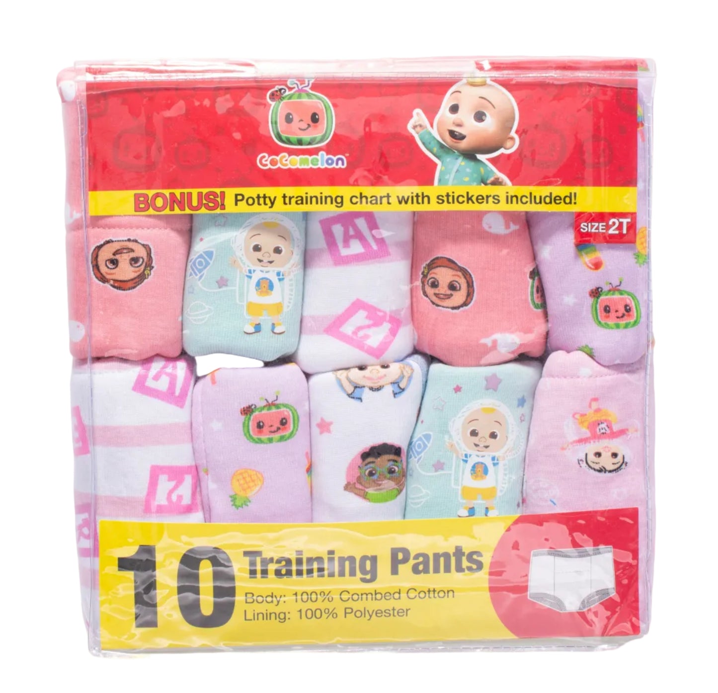 CoComelon Toddler Girls 10-Pack Potty Training Pants, JJ Bella and Cece Underwear Set with Bonus Chart, Multicolor.