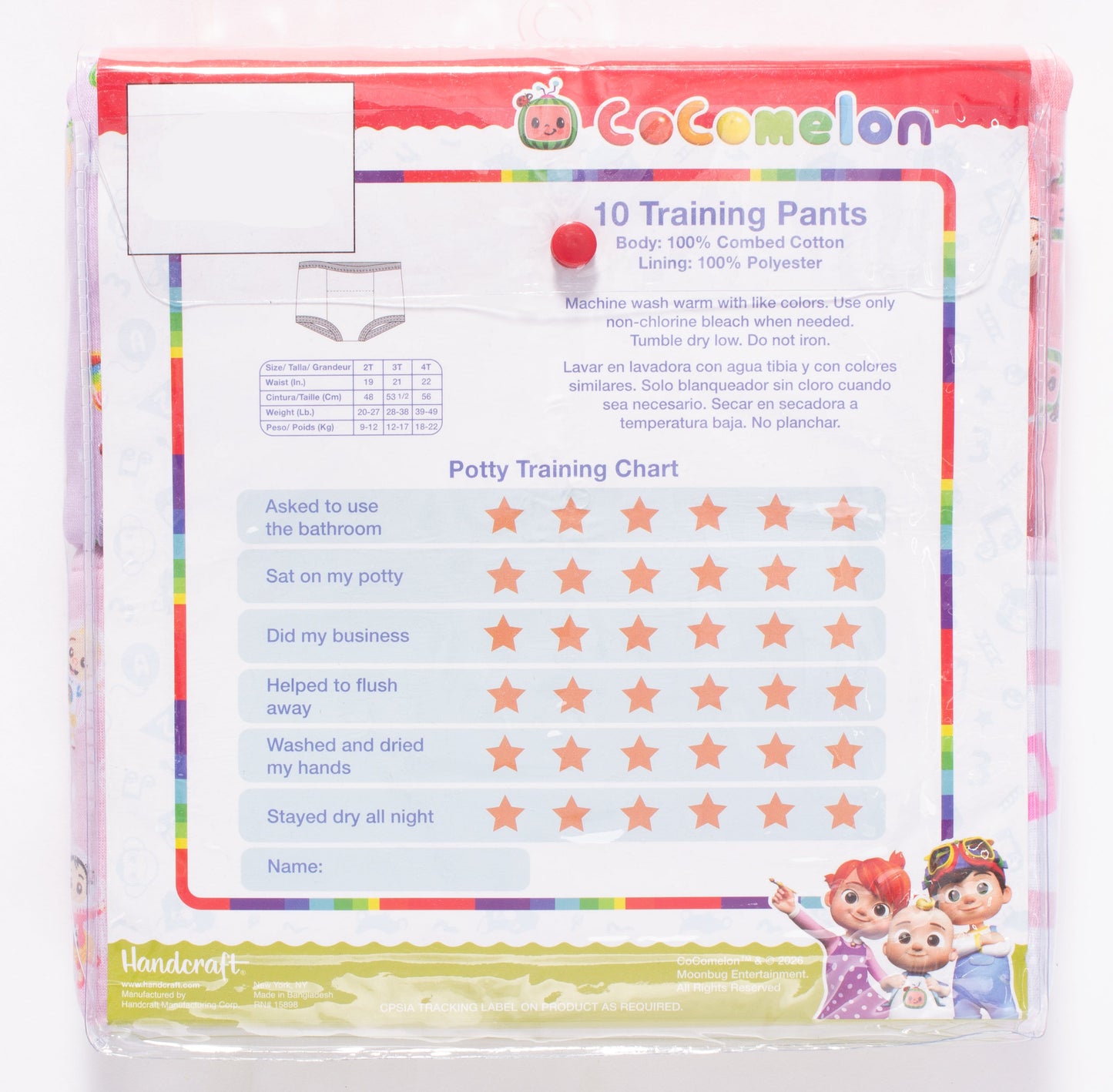 CoComelon Toddler Girls 10-Pack Potty Training Pants, JJ Bella and Cece Underwear Set with Bonus Chart, Multicolor.