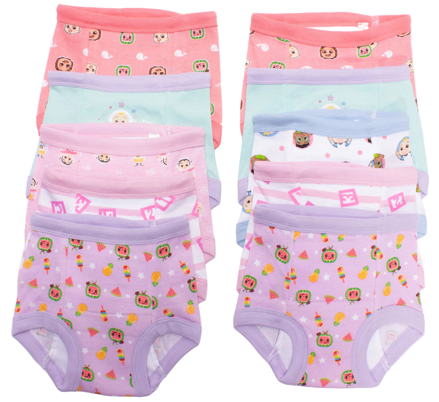 CoComelon Toddler Girls 10-Pack Potty Training Pants, JJ Bella and Cece Underwear Set with Bonus Chart, Multicolor.