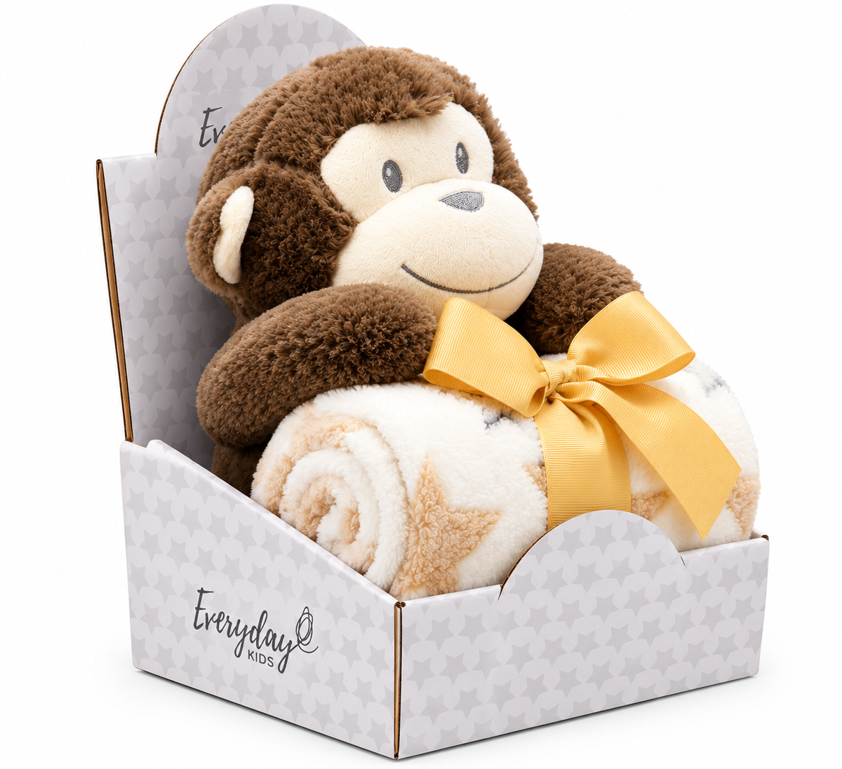 Everyday Kids Fleece Baby Blanket with Plush Monkey Toy, Soft Star Print Sherpa-Style Throw, 36 x 30 Inches, Gift Set for Babies and Toddlers