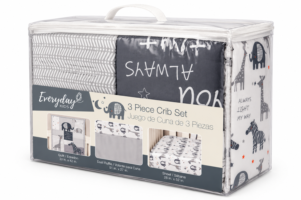 Everyday Kids 3 Piece Crib Set with Quilt, Dust Ruffle and Fitted Crib Sheet, Gray and White Elephant Giraffe Zebra Nursery Bedding