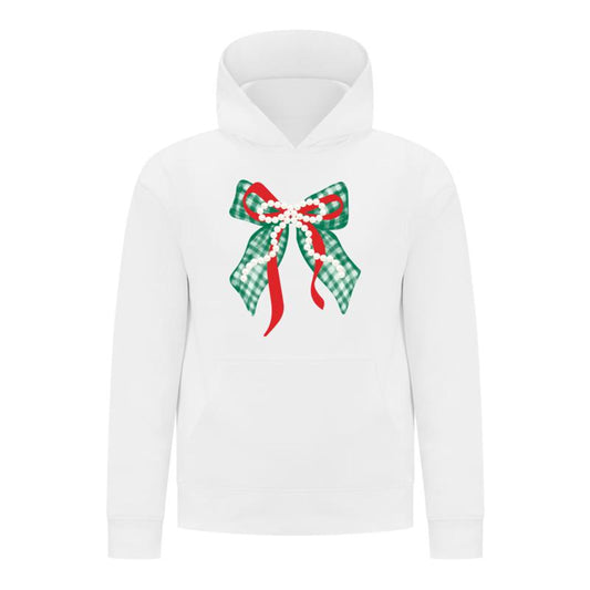 Everyday Kids Christmas Collection Green Gingham Pearl Bow Girls Pullover Hoodie – Holiday Sweatshirt - White
