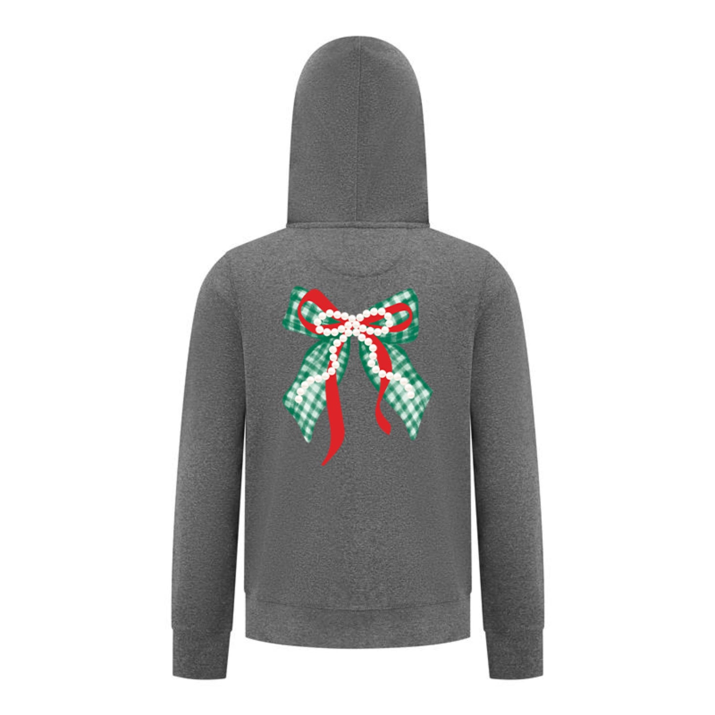 Everyday Kids Christmas Collection Green Gingham Pearl Bow Girls Zip Up Hoodie – Holiday Sweatshirt - Charcoal Gray