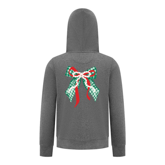 Everyday Kids Christmas Collection Green Gingham Pearl Bow Girls Zip Up Hoodie – Holiday Sweatshirt - Charcoal Gray