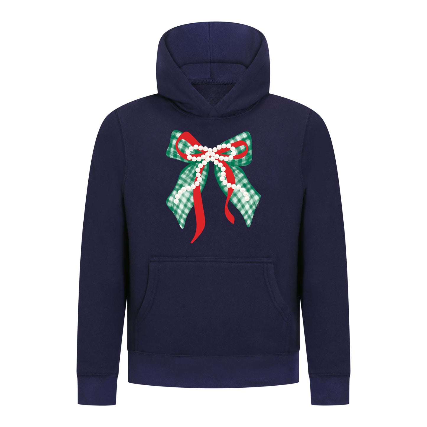 Everyday Kids Christmas Collection Green Gingham Pearl Bow Girls Pullover Hoodie – Holiday Sweatshirt - Navy