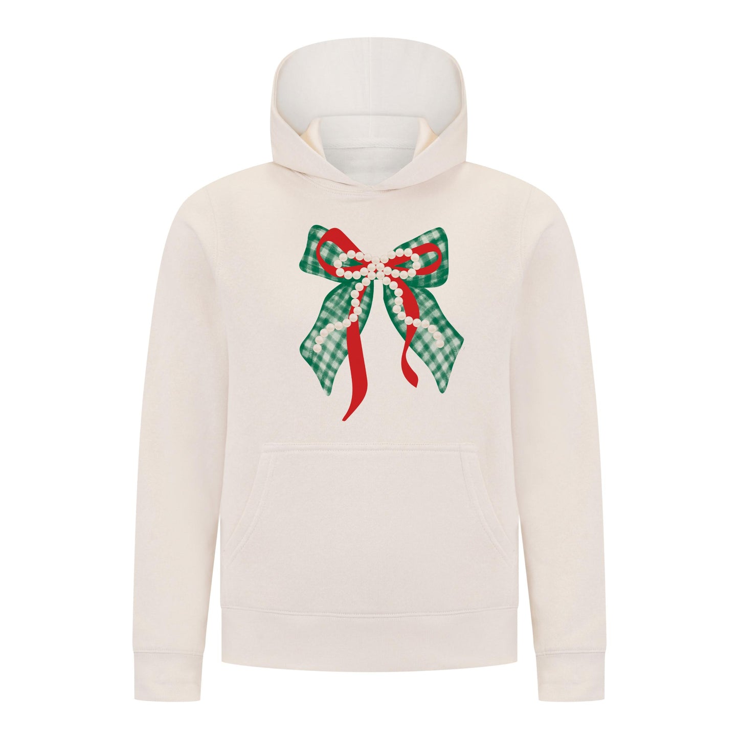 Everyday Kids Christmas Collection Green Gingham Pearl Bow Girls Pullover Hoodie – Holiday Sweatshirt - Off White