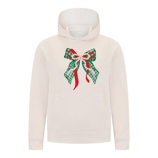 Everyday Kids Christmas Collection Green Gingham Pearl Bow Girls Pullover Hoodie – Holiday Sweatshirt - Off White
