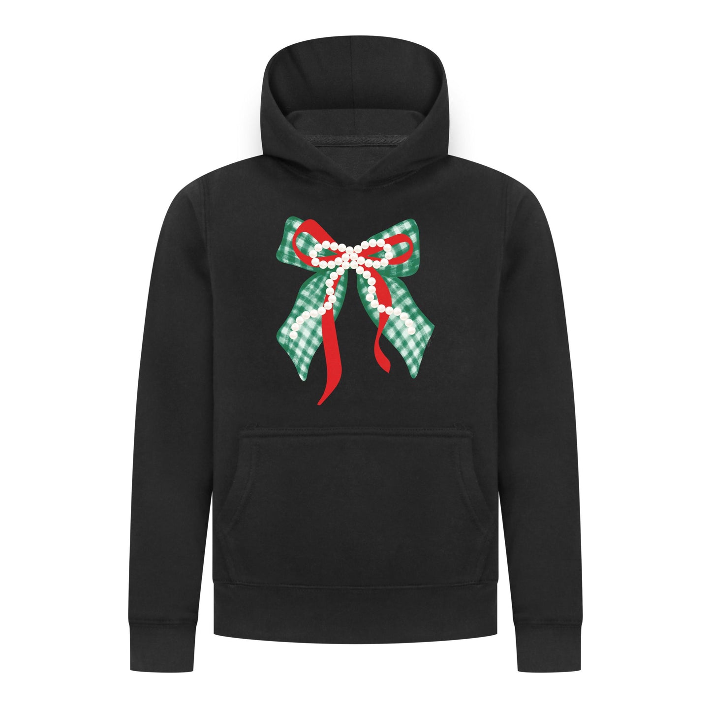 Everyday Kids Christmas Collection Green Gingham Pearl Bow Girls Pullover Hoodie – Holiday Sweatshirt - Black