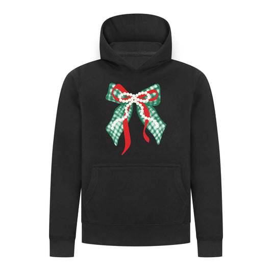 Everyday Kids Christmas Collection Green Gingham Pearl Bow Girls Pullover Hoodie – Holiday Sweatshirt - Black