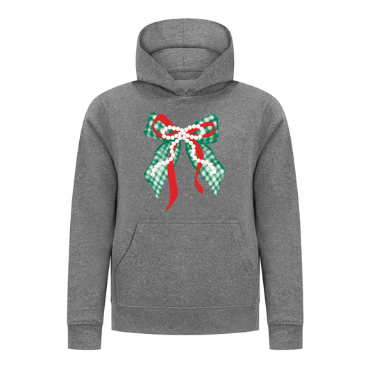 Everyday Kids Christmas Collection Green Gingham Pearl Bow Girls Pullover Hoodie – Holiday Sweatshirt -Charcoal Gray