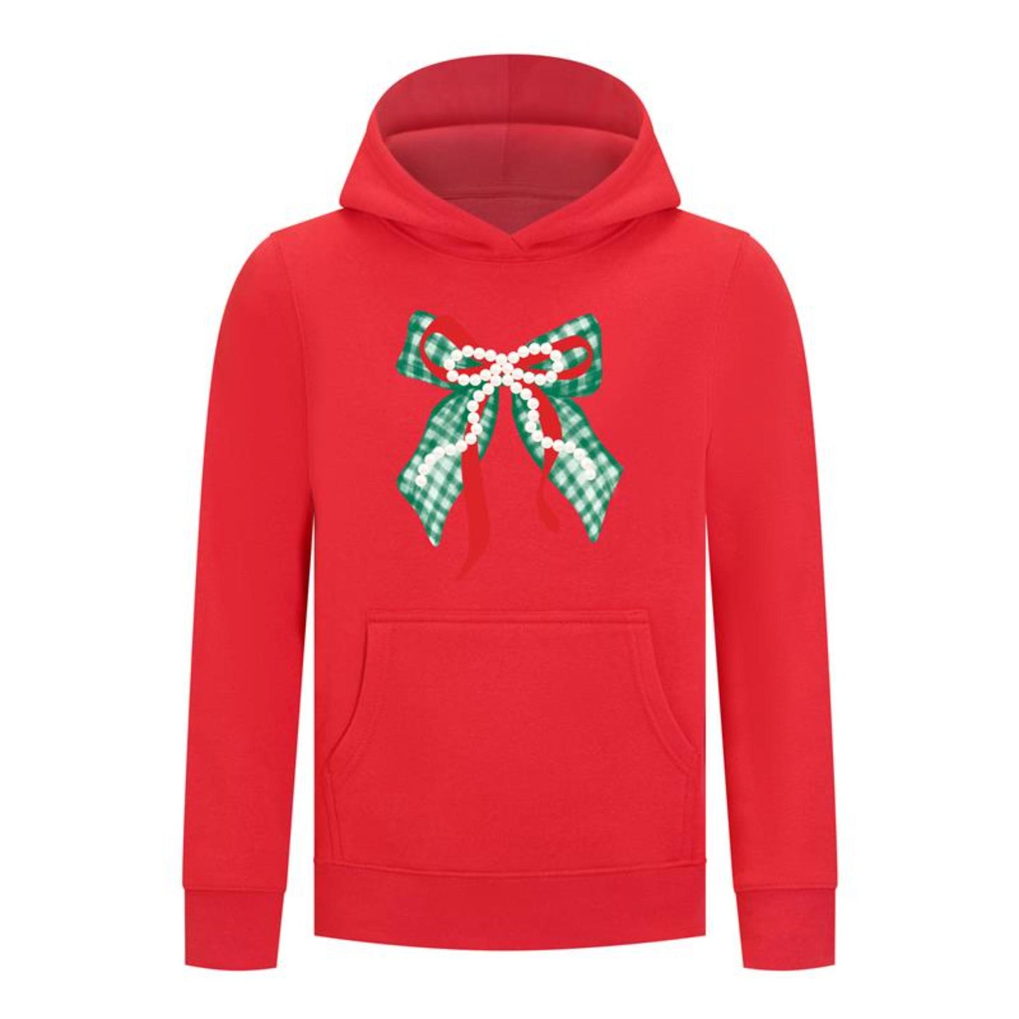 Everyday Kids Christmas Collection Green Gingham Pearl Bow Girls Pullover Hoodie – Holiday Sweatshirt - Red
